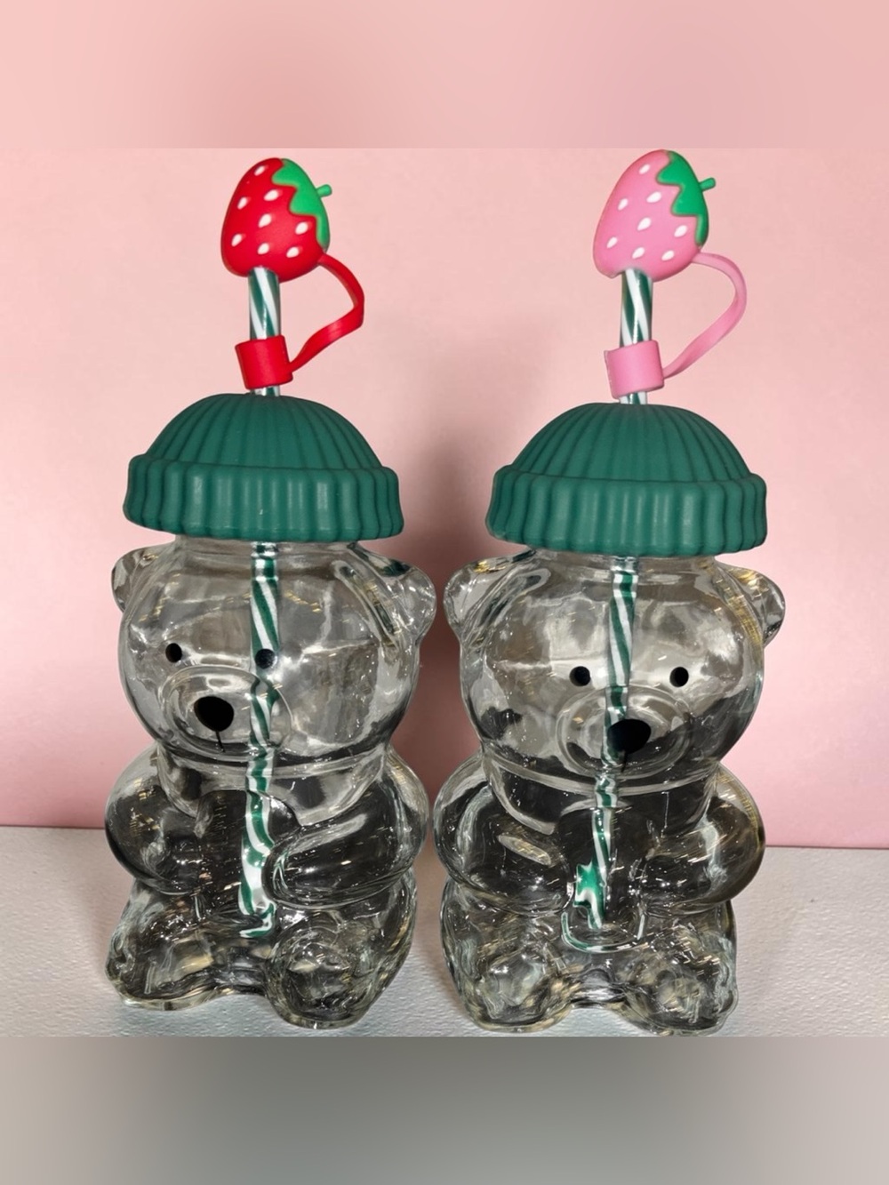 Clear Glass Bear Shaped Cups with Green Hats •Pick one•